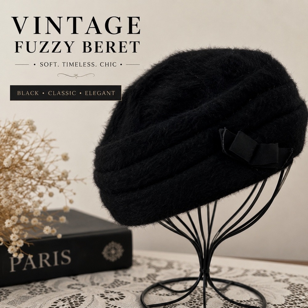 Vintage Black‎ Fuzzy Beret Hat Bow Soft Glam Winter Parisian Style Pillbox